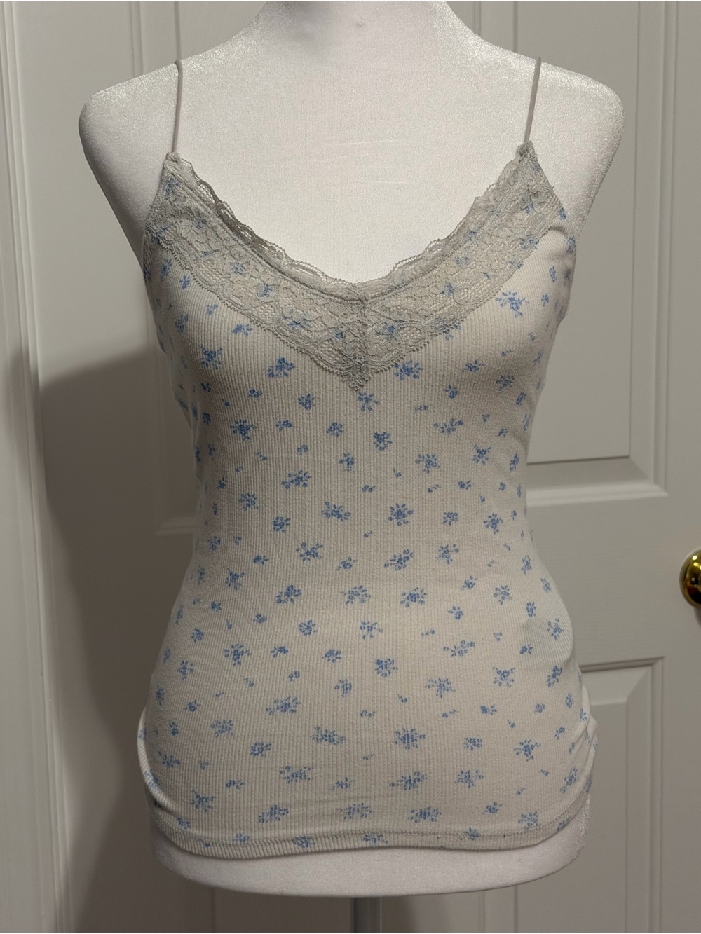 Hollister Cream Cami with Light Blue Floral Print & Lace Trim